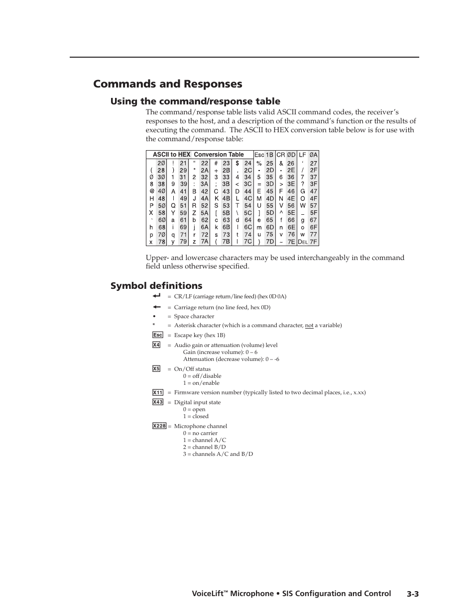 Commands and responses, Using the command/response table, Symbol definitions | Commands and responses, Preliminar y, Using the command/response table, Symbol definitions | Extron electronic VLM 2000 User Manual | Page 35 / 64