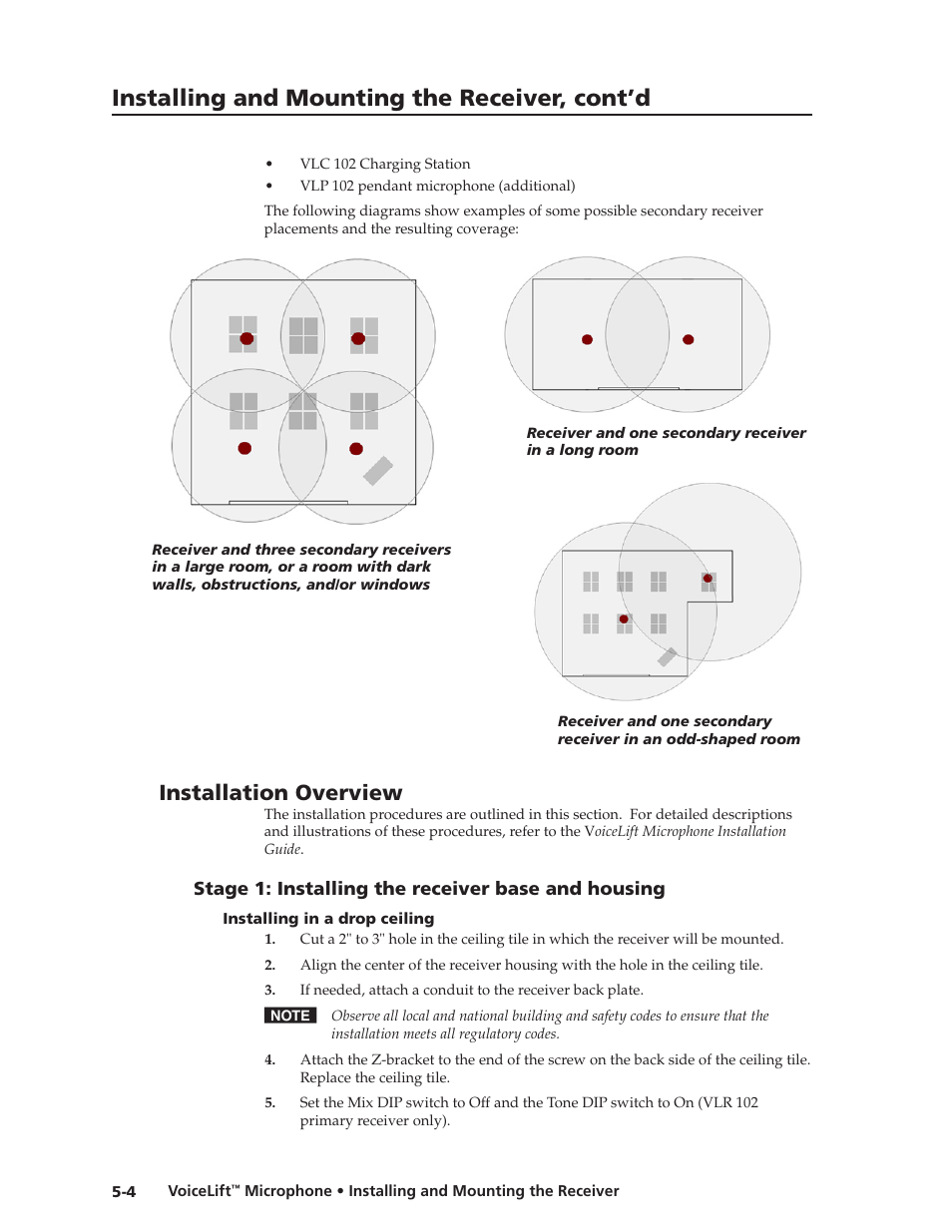 Installation overview, Stage 1: installing the receiver base and housing, Installing in a drop ceiling | Installing in a drop ceiling -4, Preliminar y, Installing and mounting the receiver, cont’d | Extron electronic VLM 2000 User Manual | Page 48 / 64