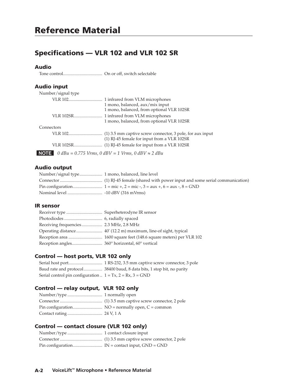 Specifications — vlr 102 and vlr 102 sr, Preliminar y, Reference material | Extron electronic VLM 2000 User Manual | Page 52 / 64