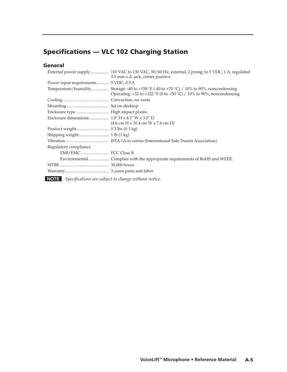 Specifications — vlc 102 charging station, Preliminar y | Extron electronic VLM 2000 User Manual | Page 55 / 64