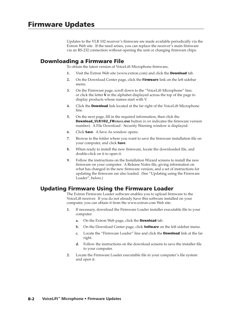 Downloading a firmware file, Updating firmware using the firmware loader, Downloading a firmware file | Updating firmware using the firmware loader, Preliminar y, Firmware updates | Extron electronic VLM 2000 User Manual | Page 60 / 64