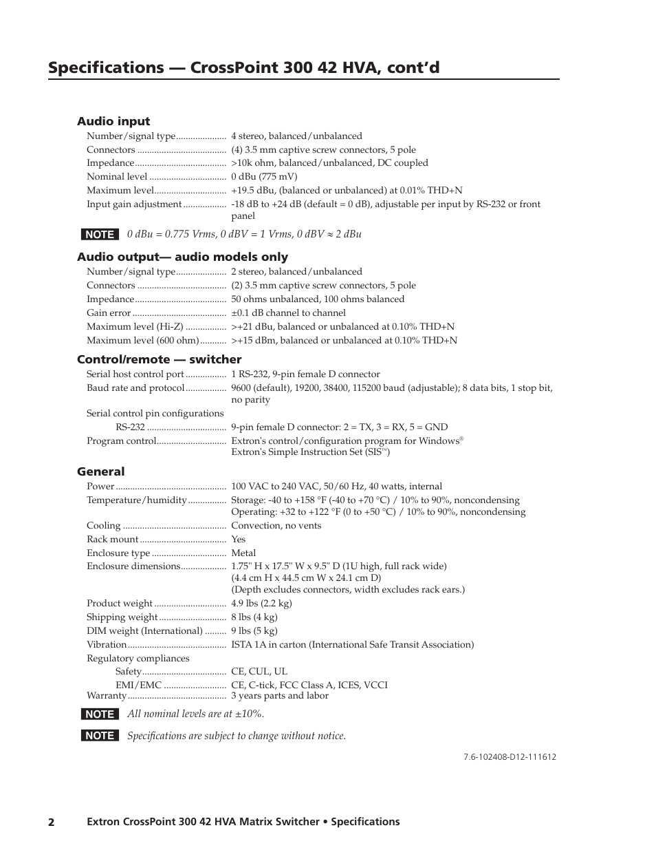 Extron electronic CrossPoint 300 Series User Manual | Page 2 / 2
