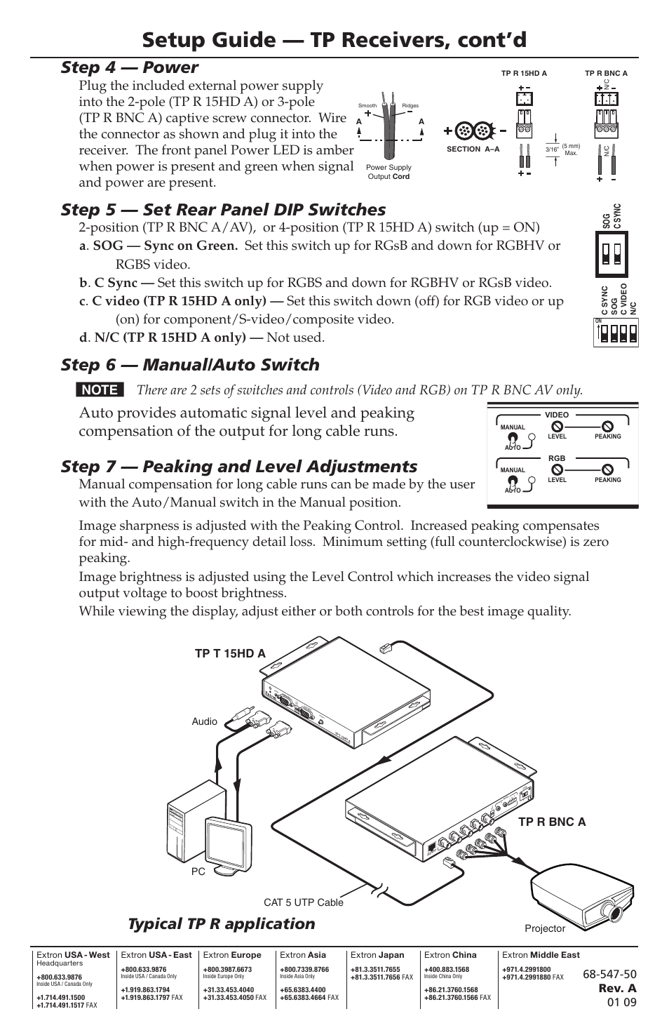 Setup guide — tp receivers, cont’d, Step 4 — power, Step 5 — set rear panel dip switches | Step 6 — manual/auto switch, Step 7 — peaking and level adjustments, Typical tp r application, Tp t 15hd a tp r bnc a, Tp r bnc av | Extron Electronics TP Receivers User Manual | Page 2 / 2