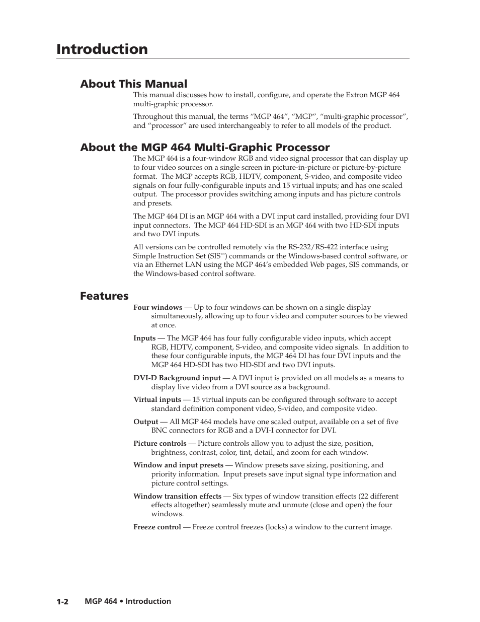 About this manual, About the mgp 464 multi-graphic processor, Features | Preliminar y, Introduction | Extron electronic Multi-Graphic Processor MGP 464 DI User Manual | Page 10 / 142