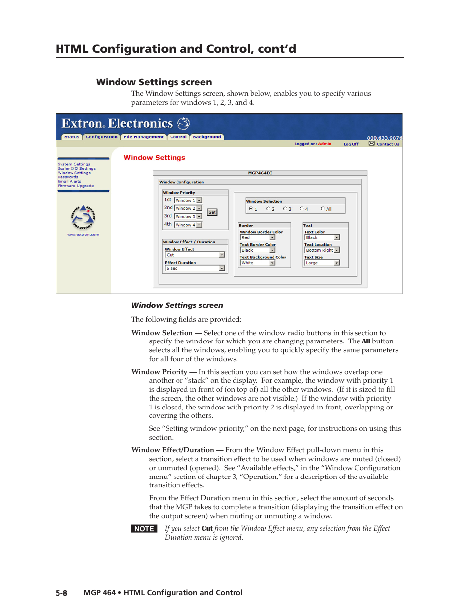 Window settings screen, Window settings screen, Preliminar y | Html configuration and control, cont’d | Extron electronic Multi-Graphic Processor MGP 464 DI User Manual | Page 100 / 142