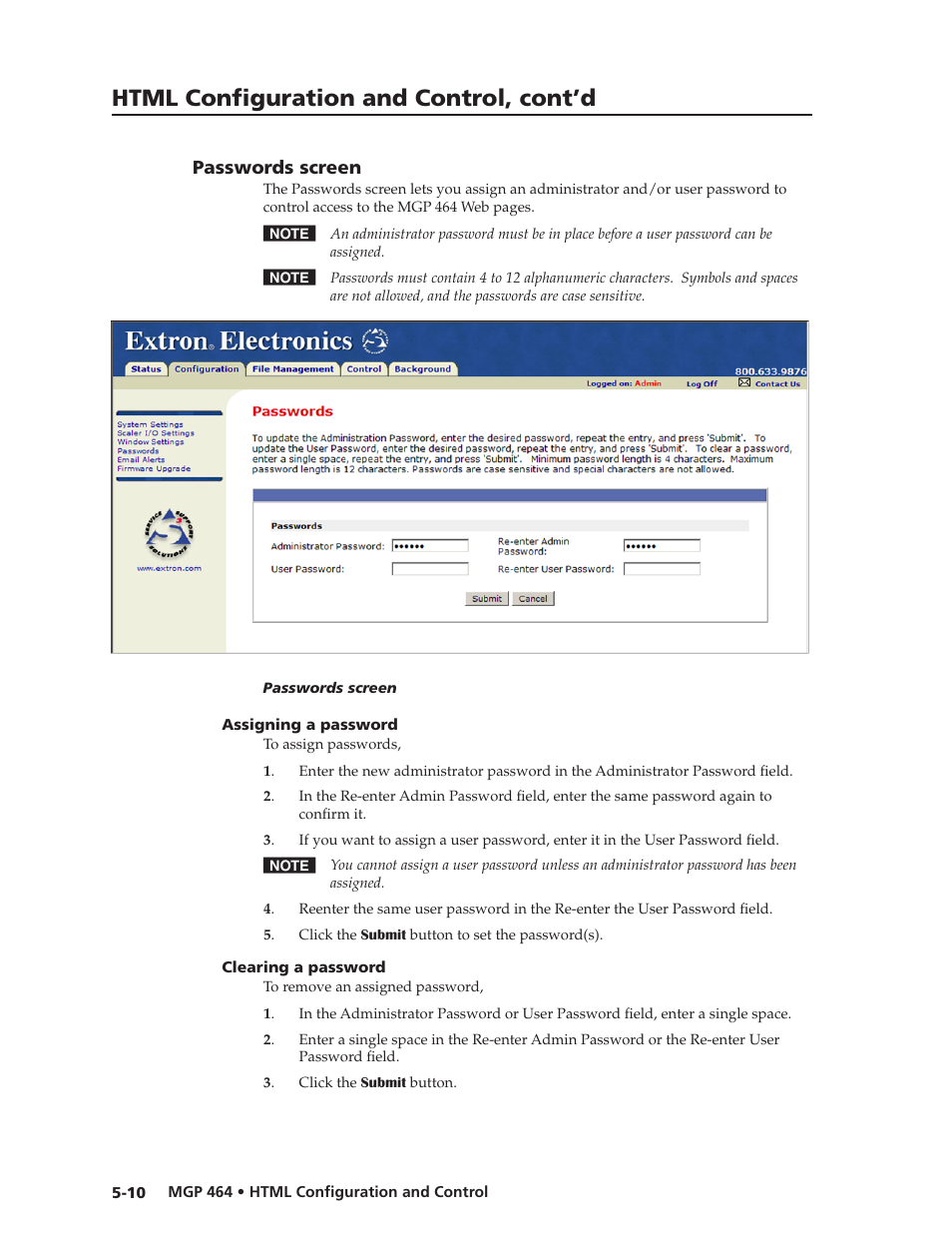 Passwords screen, Assigning a password, Clearing a password | Passwords screen, Preliminar y, Html configuration and control, cont’d | Extron electronic Multi-Graphic Processor MGP 464 DI User Manual | Page 102 / 142