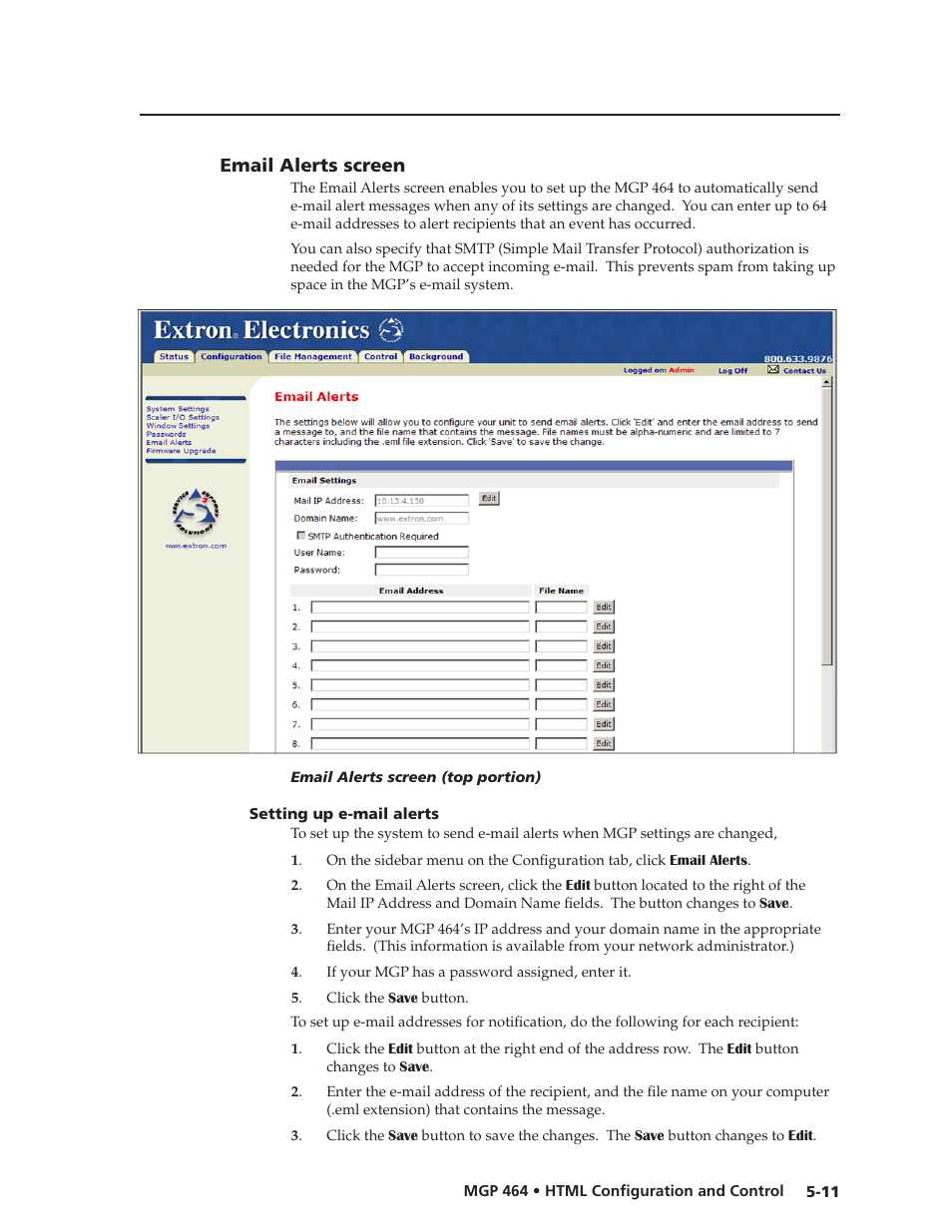 Email alerts screen, Setting up e-mail alerts, Setting up e-mail alerts -11 | Preliminar y | Extron electronic Multi-Graphic Processor MGP 464 DI User Manual | Page 103 / 142