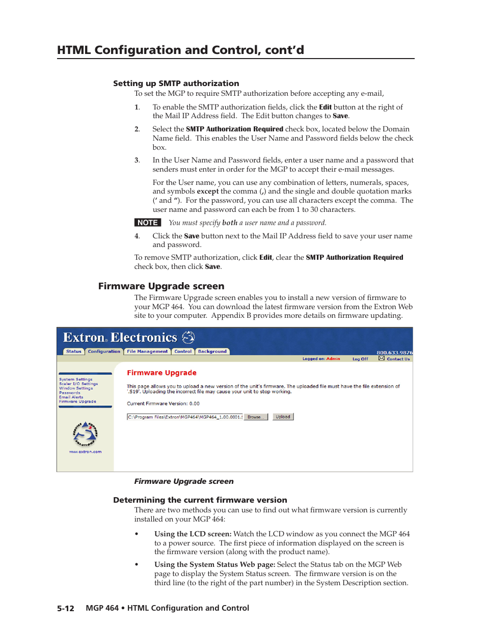 Setting up smtp authorization, Firmware upgrade screen, Determining the current firmware version | Setting up smtp authorization -12, Firmware upgrade screen, Determining the current firmware version -12, Preliminar y, Html configuration and control, cont’d | Extron electronic Multi-Graphic Processor MGP 464 DI User Manual | Page 104 / 142