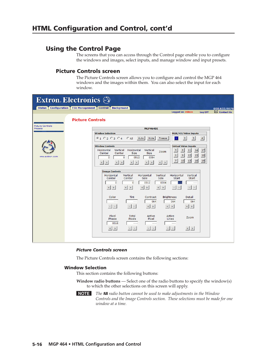 Picture controls screen, Window selection, Window selection -16 | Preliminar y, Html configuration and control, cont’d | Extron electronic Multi-Graphic Processor MGP 464 DI User Manual | Page 108 / 142
