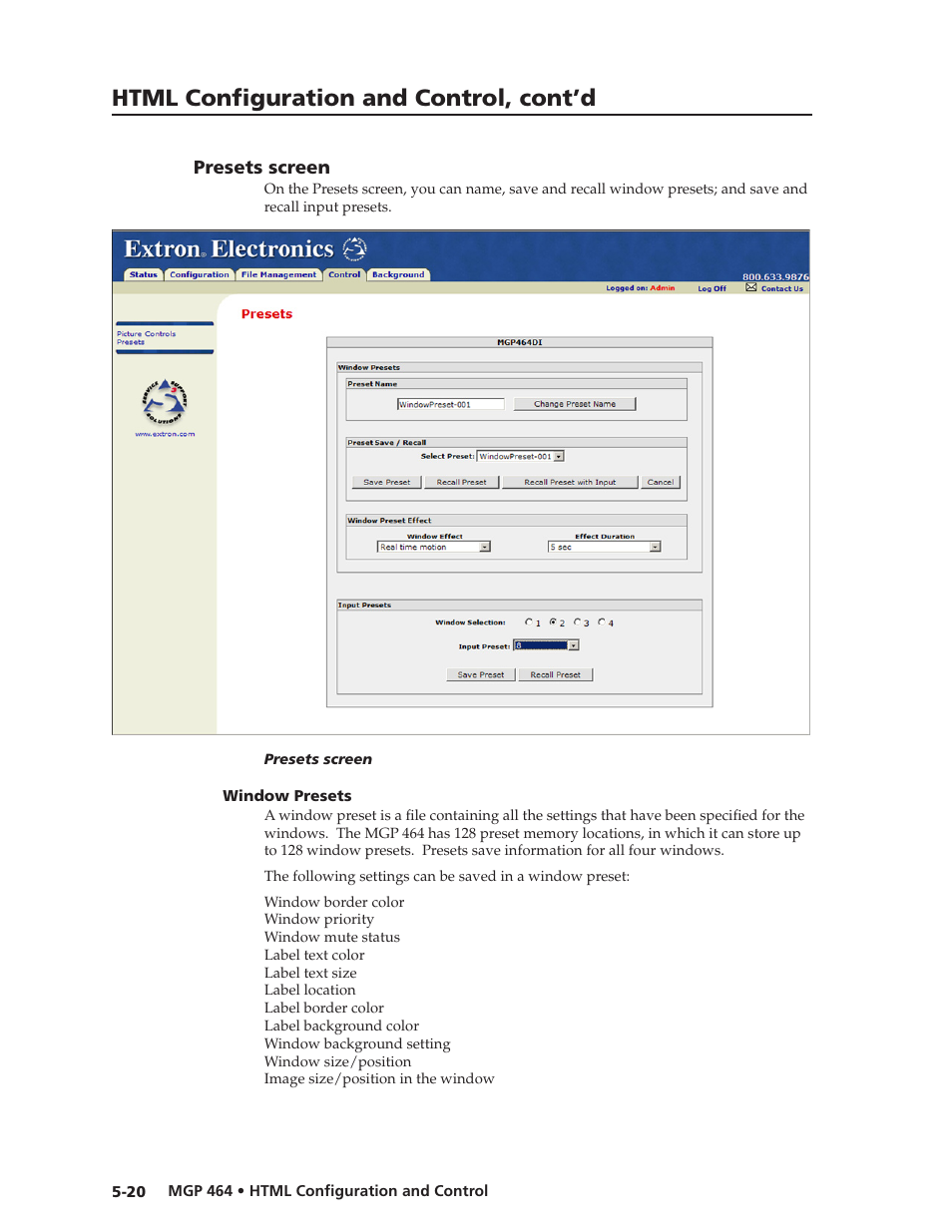 Presets screen, Window presets, Window presets -20 | Preliminar y, Html configuration and control, cont’d | Extron electronic Multi-Graphic Processor MGP 464 DI User Manual | Page 112 / 142