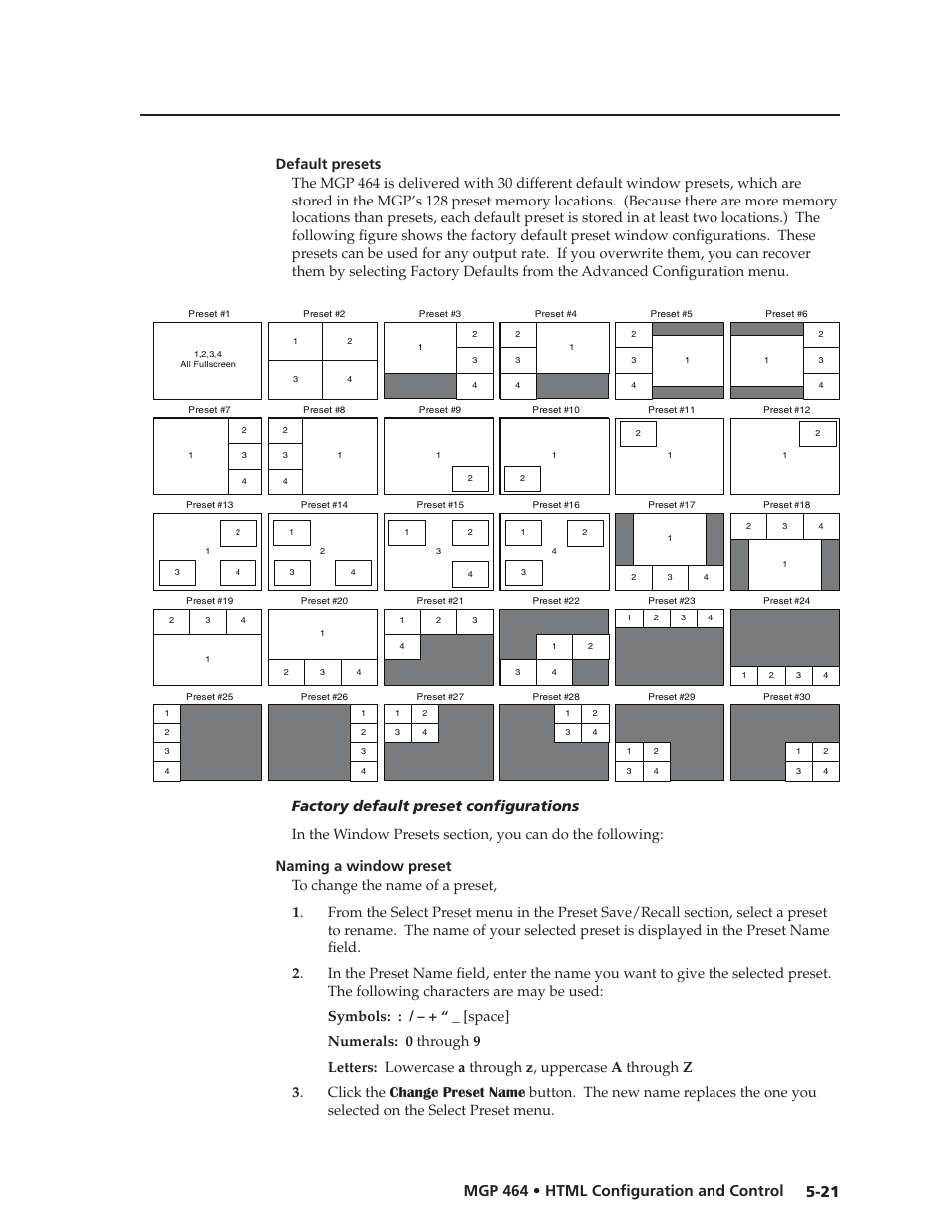 Default presets, Naming a window preset, Default presets -21 naming a window preset -21 | Preliminar y | Extron electronic Multi-Graphic Processor MGP 464 DI User Manual | Page 113 / 142