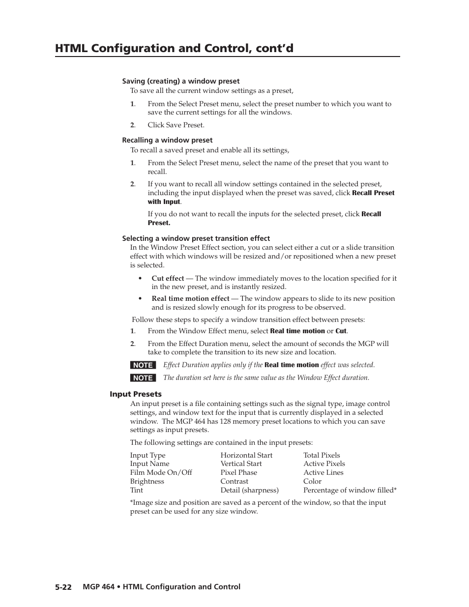 Saving (creating) a window preset, Recalling a window preset, Selecting a window preset transition effect | Input presets, Input presets -22, Preliminar y, Html configuration and control, cont’d | Extron electronic Multi-Graphic Processor MGP 464 DI User Manual | Page 114 / 142