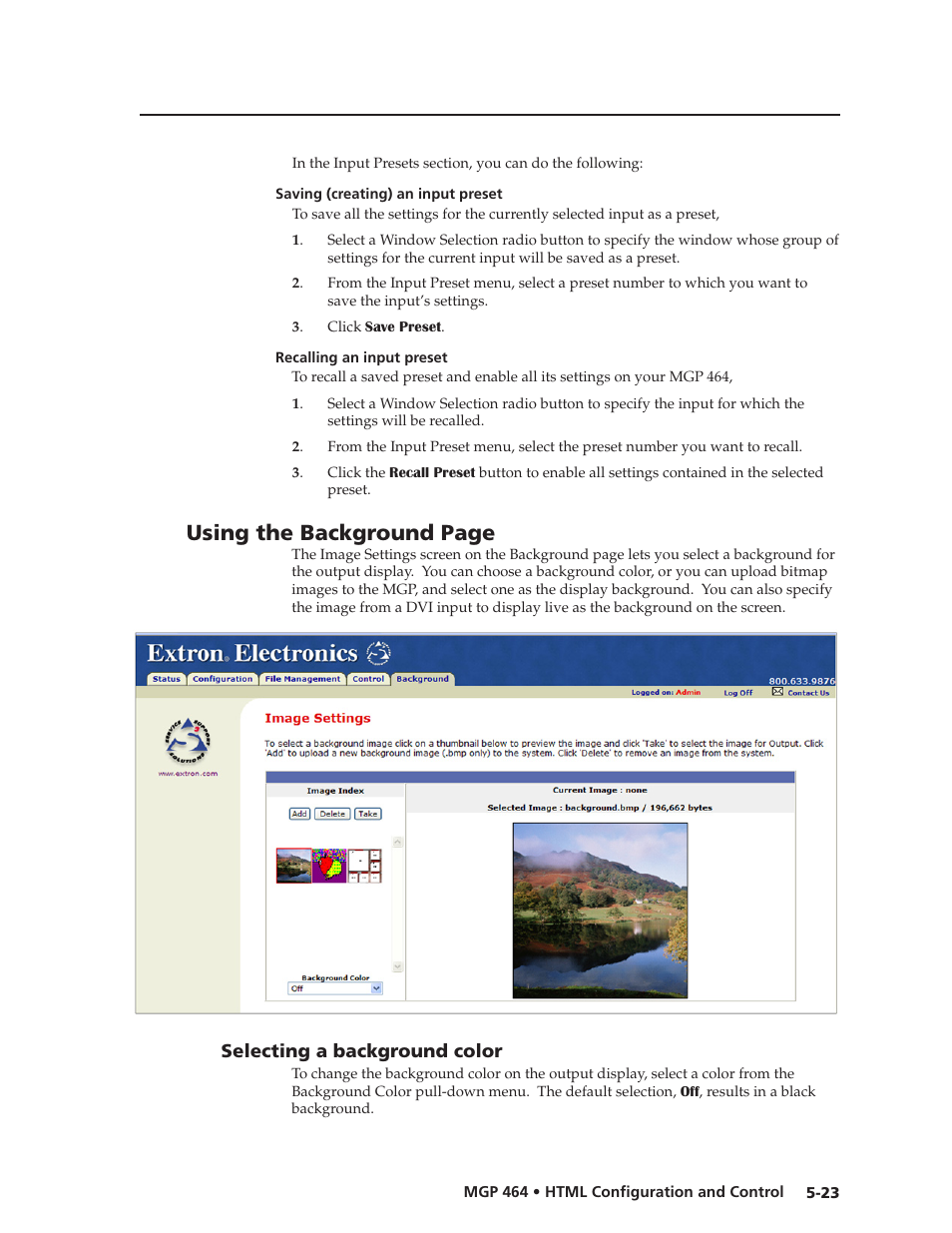 Saving (creating) an input preset, Recalling an input preset, Selecting a background color | Selecting a background color, Preliminar y, Using the background page | Extron electronic Multi-Graphic Processor MGP 464 DI User Manual | Page 115 / 142