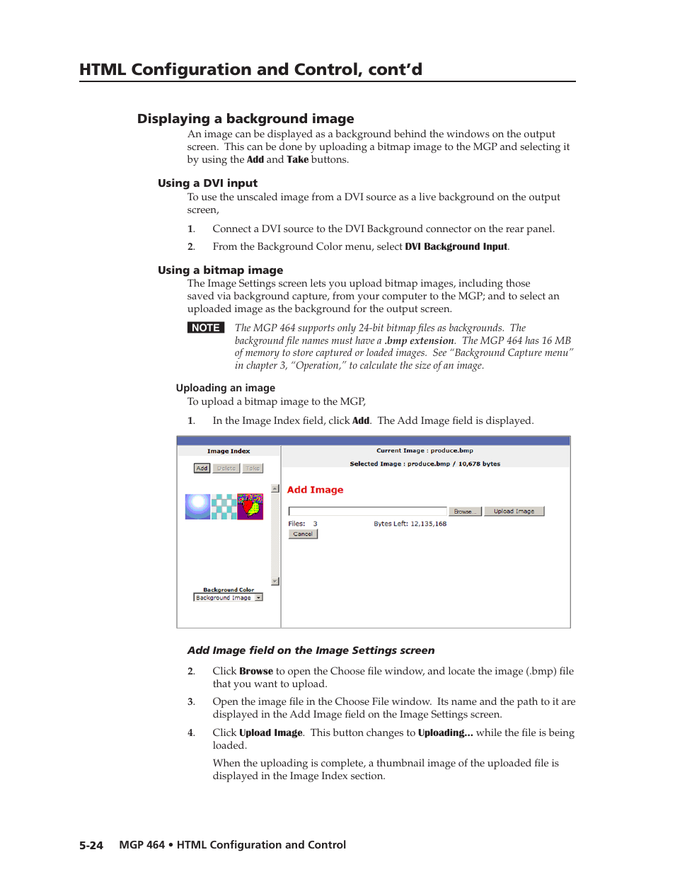 Displaying a background image, Using a dvi input, Using a bitmap image | Uploading an image, Displaying a background image, Using a dvi input -24 using a bitmap image -24, Uploading an image -24, Preliminar y, Html configuration and control, cont’d | Extron electronic Multi-Graphic Processor MGP 464 DI User Manual | Page 116 / 142