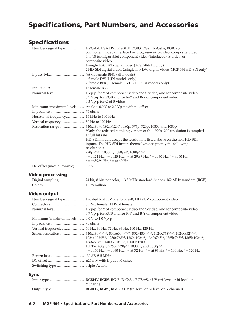 Specifications, Preliminar y, Specifications, part numbers, and accessories | Video processing, Video output, Sync | Extron electronic Multi-Graphic Processor MGP 464 DI User Manual | Page 128 / 142