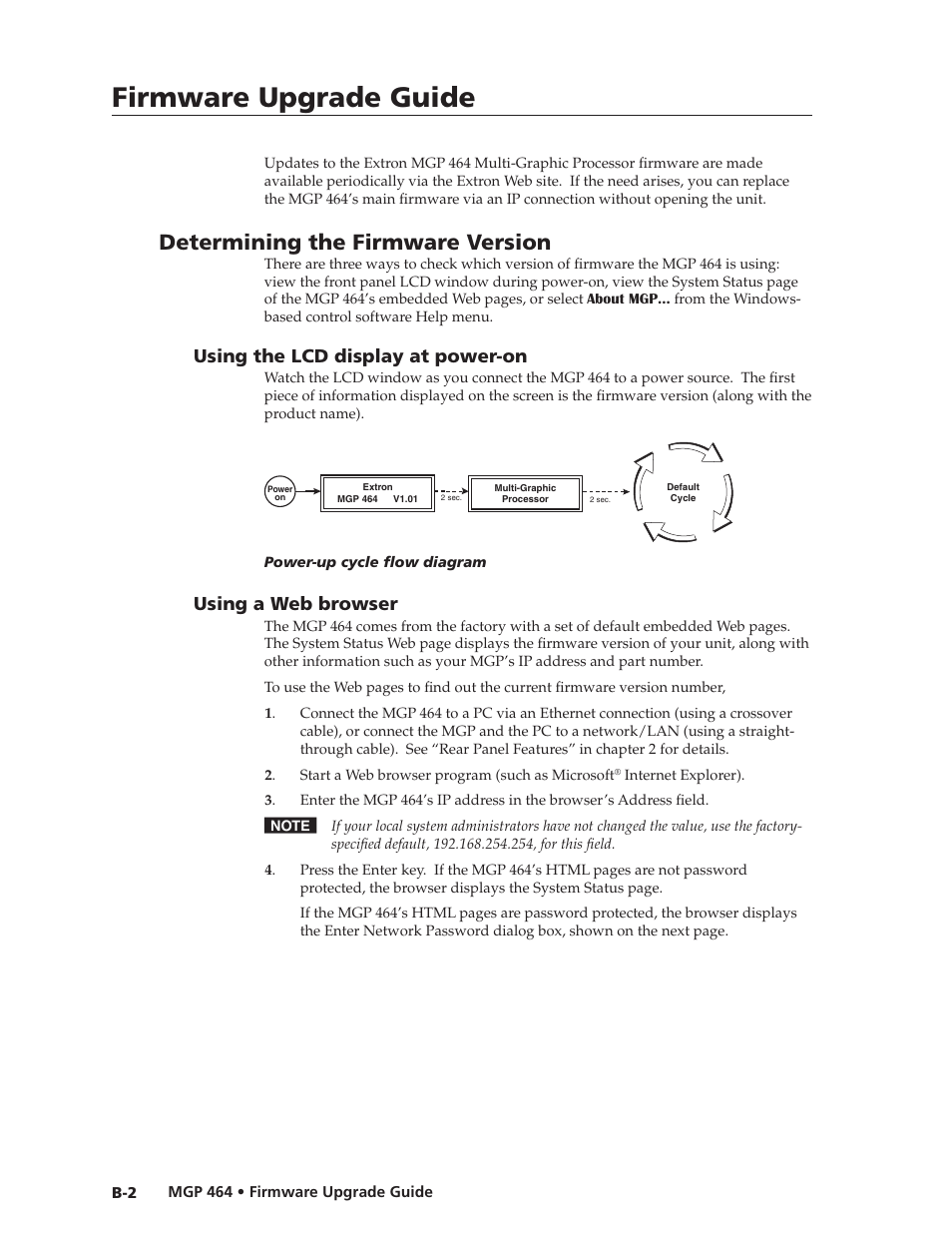 Determining the firmware version, Using the lcd display at power-on, Using a web browser | Using the lcd display at power-on, Using a web browser, Preliminar y, Firmware upgrade guide | Extron electronic Multi-Graphic Processor MGP 464 DI User Manual | Page 132 / 142