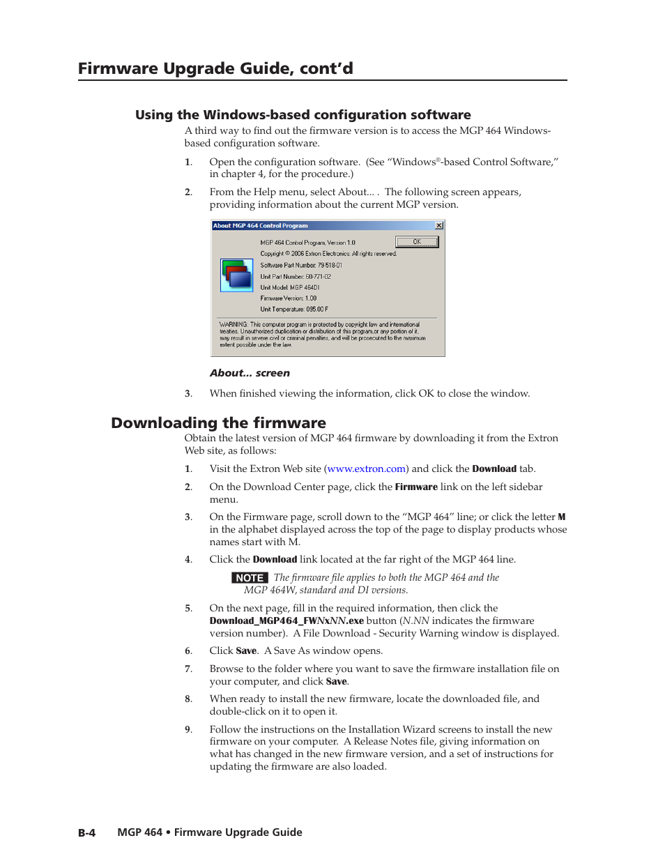 Using the windows-based configuration software, Downloading the firmware, Using the windows-based configuration software | Preliminar y, Firmware upgrade guide, cont’d | Extron electronic Multi-Graphic Processor MGP 464 DI User Manual | Page 134 / 142