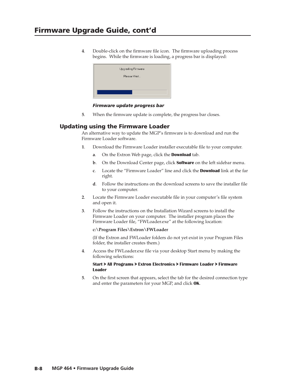 Updating using the firmware loader, Updating using the firmware loader, Preliminar y | Firmware upgrade guide, cont’d | Extron electronic Multi-Graphic Processor MGP 464 DI User Manual | Page 138 / 142