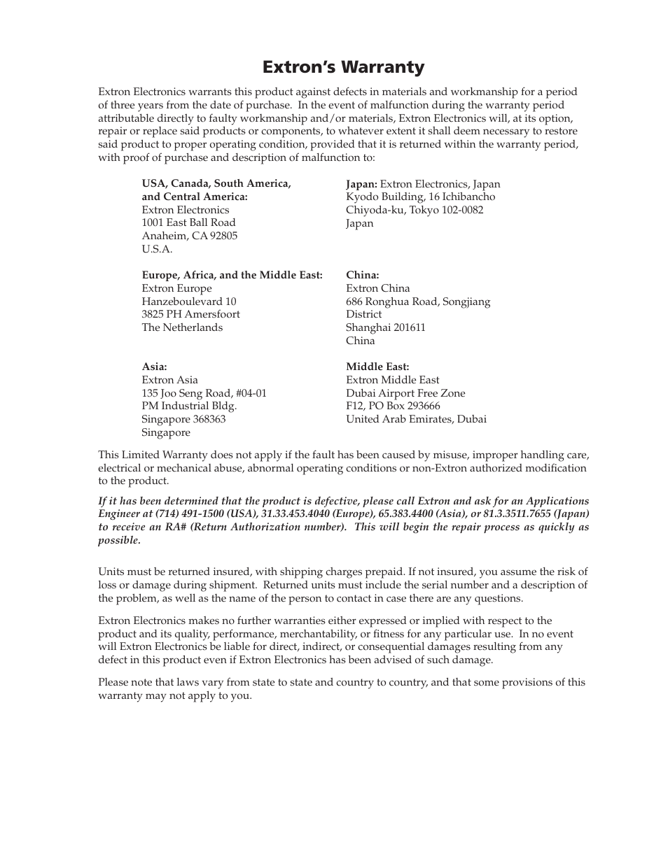 Extron’s warranty | Extron electronic Multi-Graphic Processor MGP 464 DI User Manual | Page 141 / 142