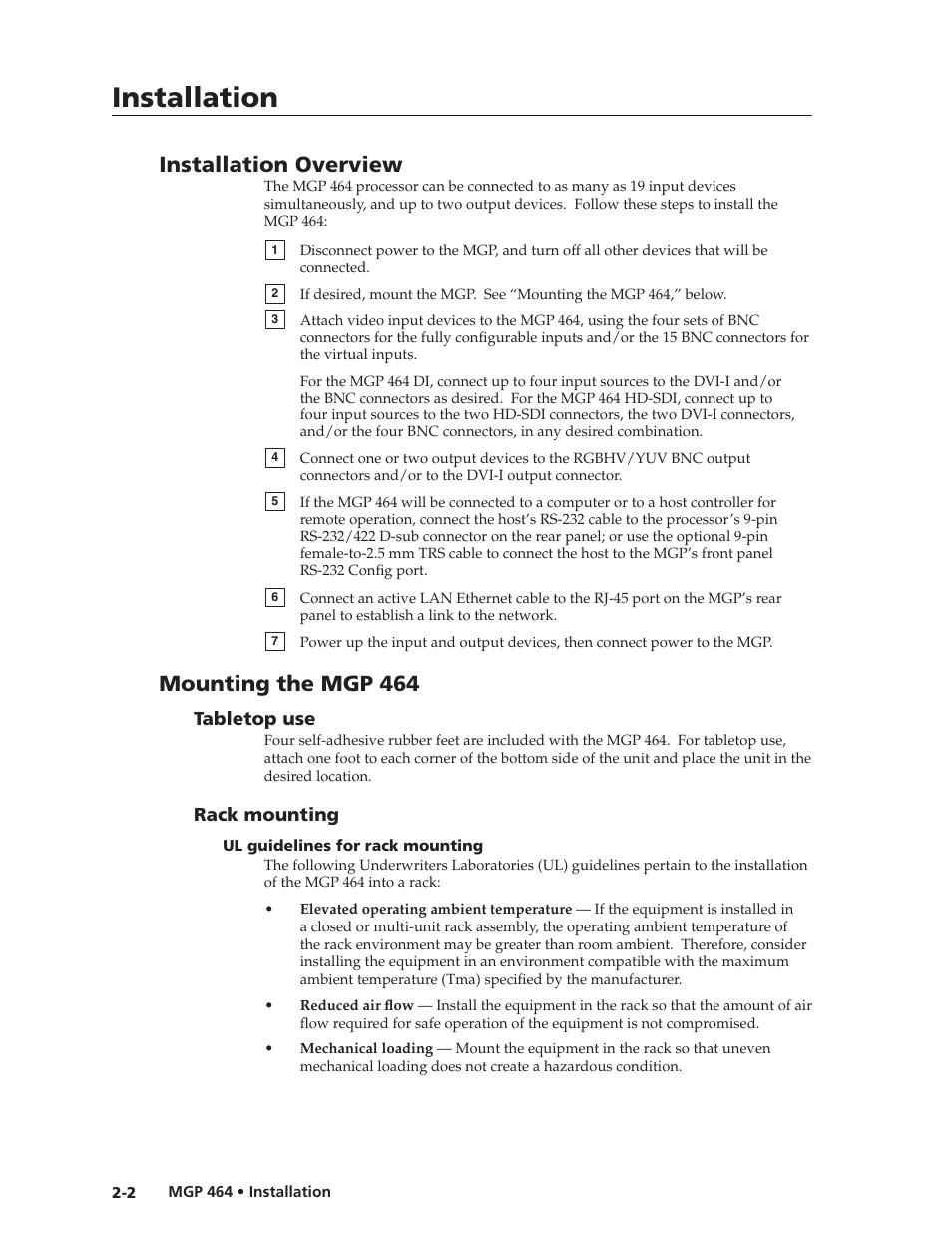 Installation overview, Mounting the mgp 464, Tabletop use | Rack mounting, Ul guidelines for rack mounting, Ul guidelines for rack mounting -2, Preliminar y, Installation | Extron electronic Multi-Graphic Processor MGP 464 DI User Manual | Page 16 / 142