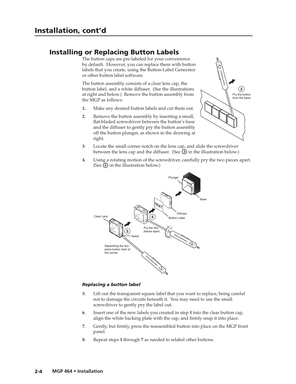 Installing or replacing button labels, Preliminar y, Installation, cont’d | Extron electronic Multi-Graphic Processor MGP 464 DI User Manual | Page 18 / 142