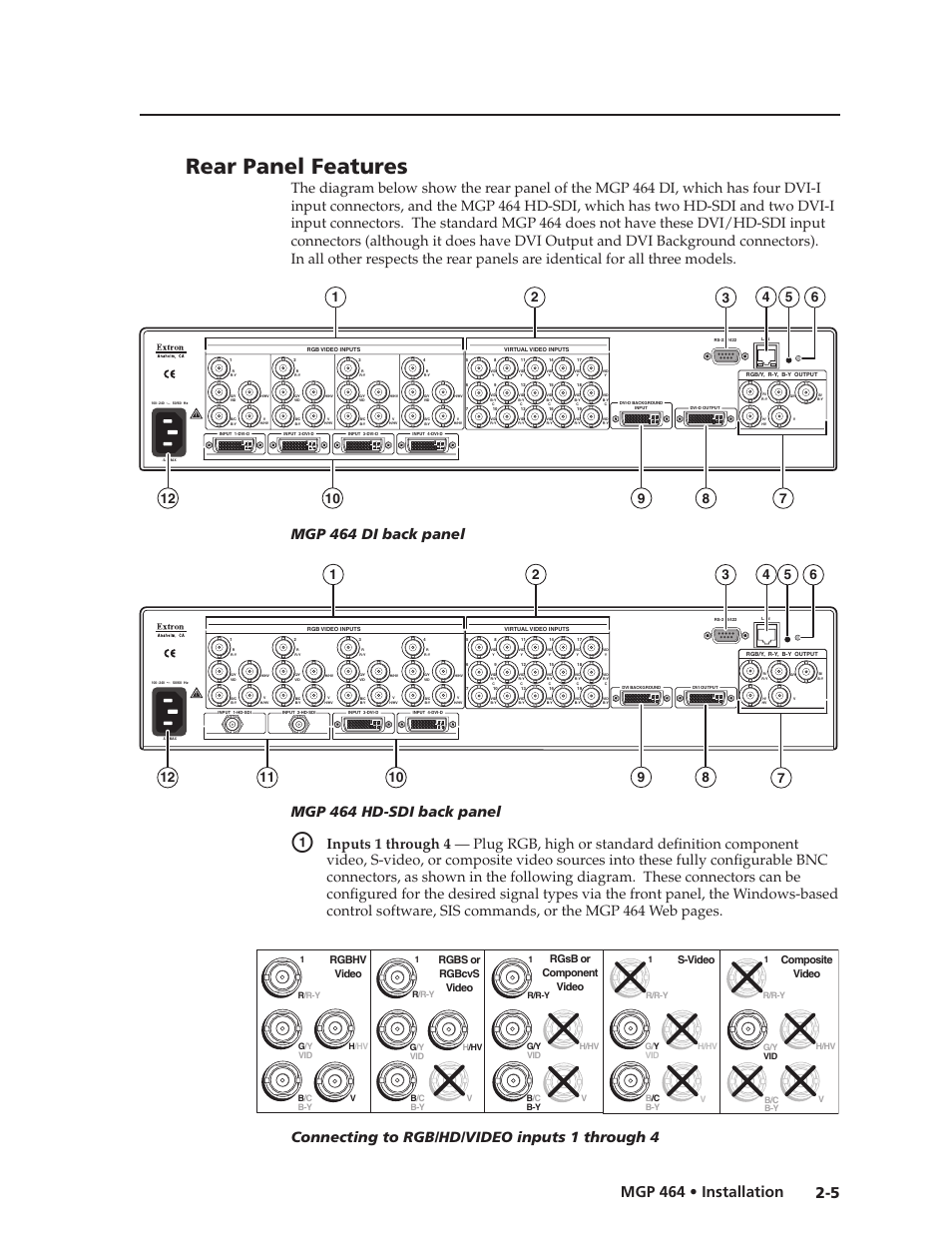 Rear panel features, Preliminar y, 5 mgp 464 • installation | Mgp 464 di back panel, Mgp 464 hd-sdi back panel, Connecting to rgb/hd/video inputs 1 through 4 | Extron electronic Multi-Graphic Processor MGP 464 DI User Manual | Page 19 / 142