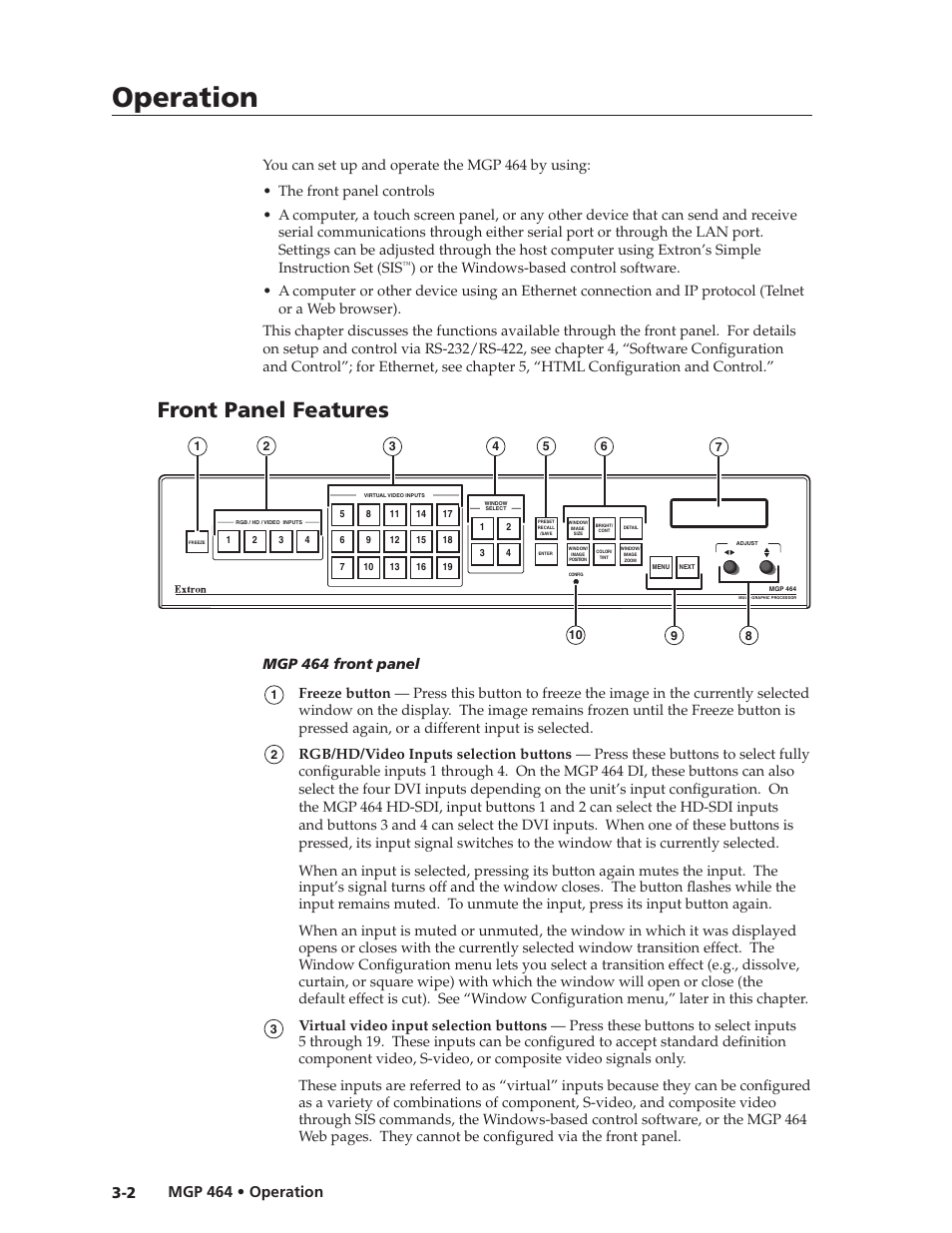 Front panel features, Preliminar y, Operation | Extron electronic Multi-Graphic Processor MGP 464 DI User Manual | Page 26 / 142