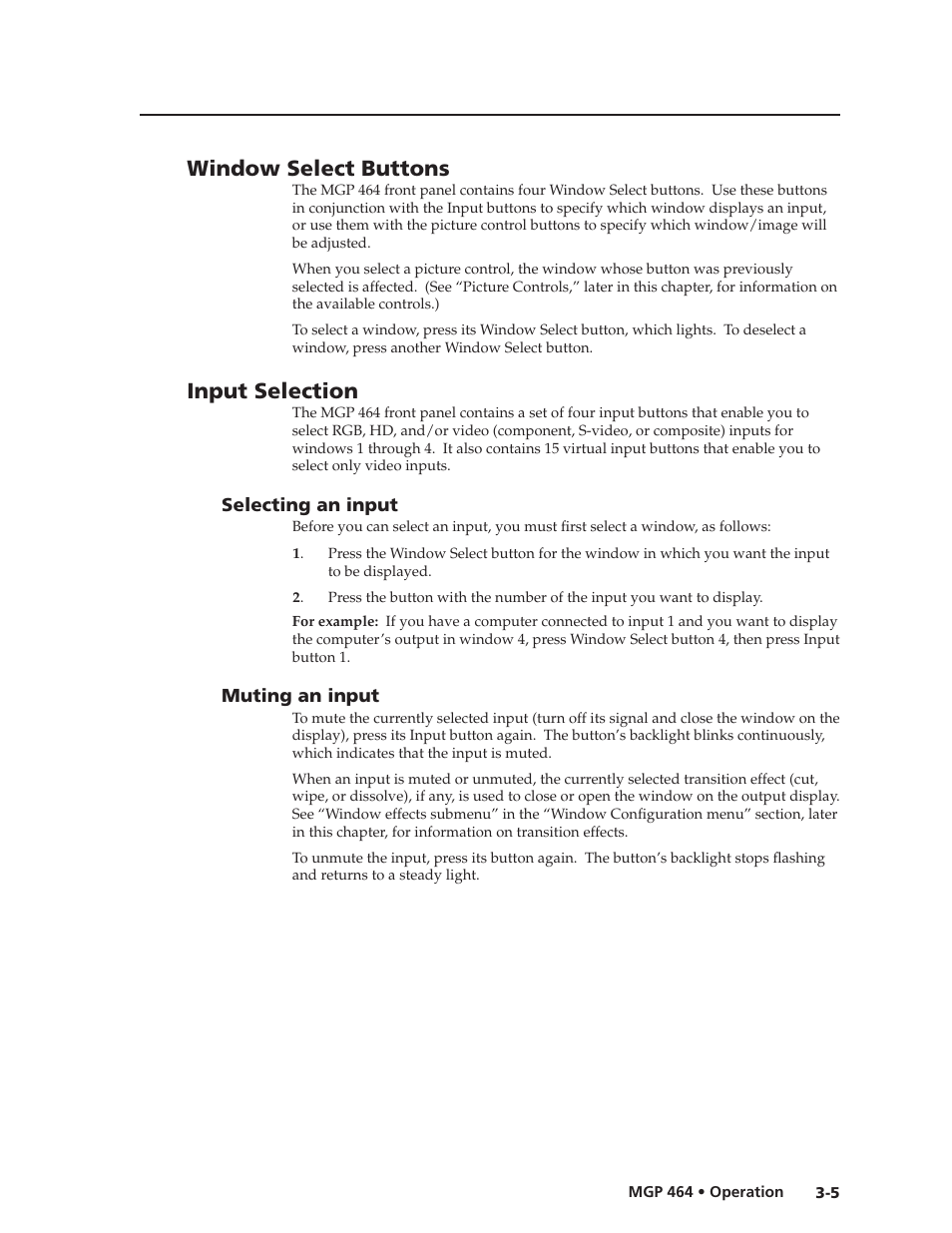 Window select buttons, Input selection, Selecting an input | Muting an input, Selecting an input, Muting an input, Preliminar y | Extron electronic Multi-Graphic Processor MGP 464 DI User Manual | Page 29 / 142