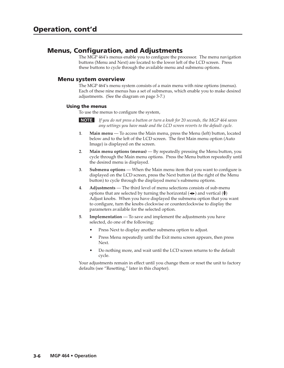 Menus, configuration, and adjustments, Menu system overview, Using the menus | Using the menus -6, Preliminar y, Operation, cont’d | Extron electronic Multi-Graphic Processor MGP 464 DI User Manual | Page 30 / 142