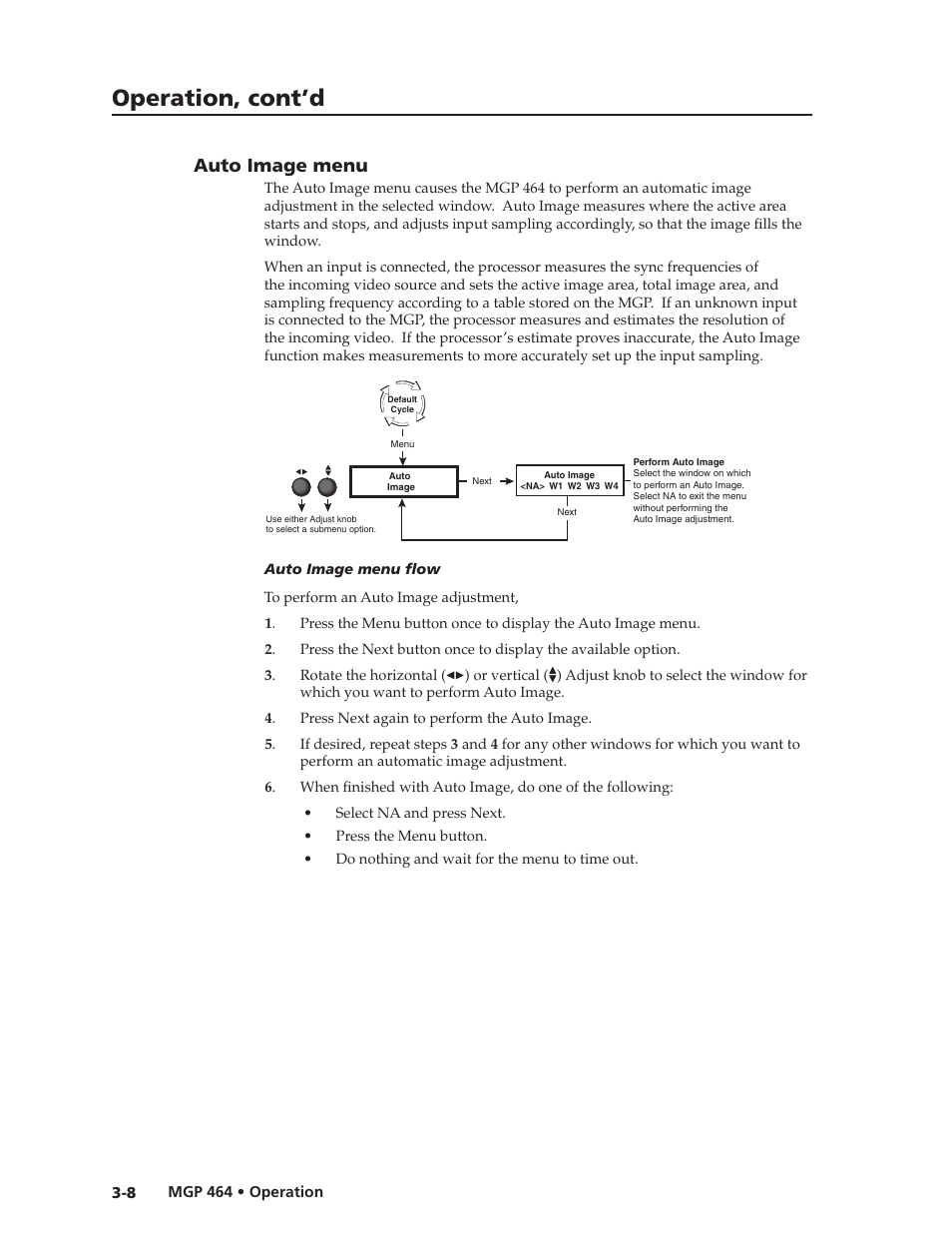 Auto image menu, Auto image menu, Preliminar y | Operation, cont’d | Extron electronic Multi-Graphic Processor MGP 464 DI User Manual | Page 32 / 142