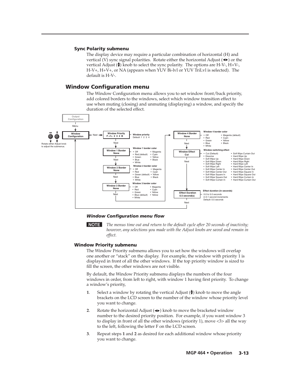 Sync polarity submenu, Window configuration menu, Window priority submenu | Sync polarity submenu -13, Window configuration menu, Window priority submenu -13, Preliminar y | Extron electronic Multi-Graphic Processor MGP 464 DI User Manual | Page 37 / 142