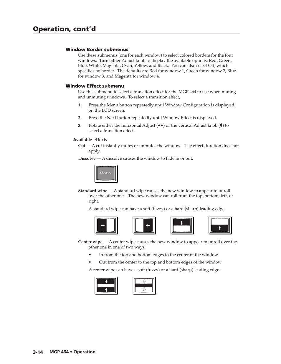 Window border submenus, Window effect submenu, Available effects | Available effects -14, Preliminar y, Operation, cont’d | Extron electronic Multi-Graphic Processor MGP 464 DI User Manual | Page 38 / 142