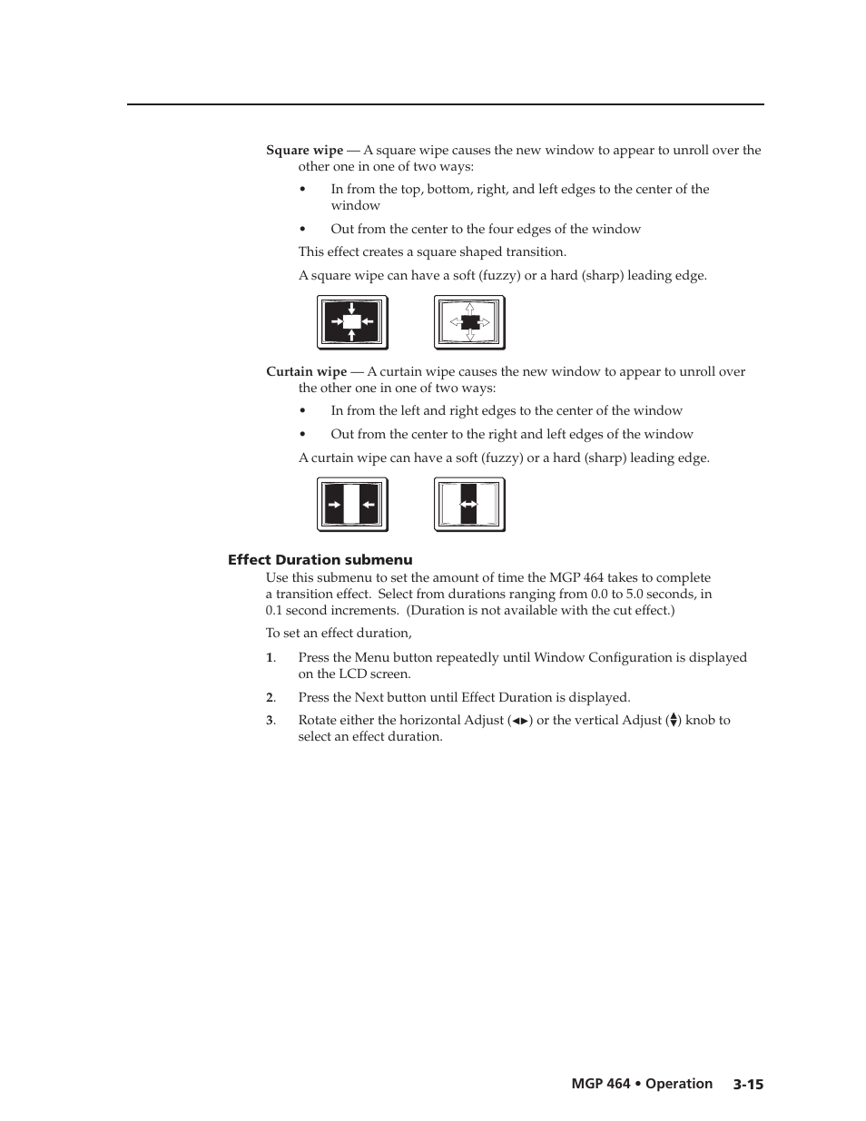 Effect duration submenu, Effect duration submenu -15, Preliminar y | Extron electronic Multi-Graphic Processor MGP 464 DI User Manual | Page 39 / 142