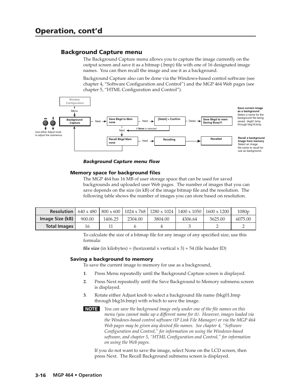 Background capture menu, Memory space for background files, Saving a background to memory | Background capture menu, Preliminar y, Operation, cont’d | Extron electronic Multi-Graphic Processor MGP 464 DI User Manual | Page 40 / 142