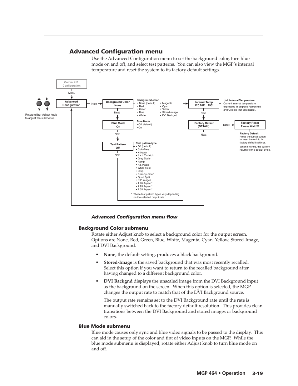 Advanced configuration menu, Background color submenu, Blue mode submenu | Advanced configuration menu, Preliminar y | Extron electronic Multi-Graphic Processor MGP 464 DI User Manual | Page 43 / 142