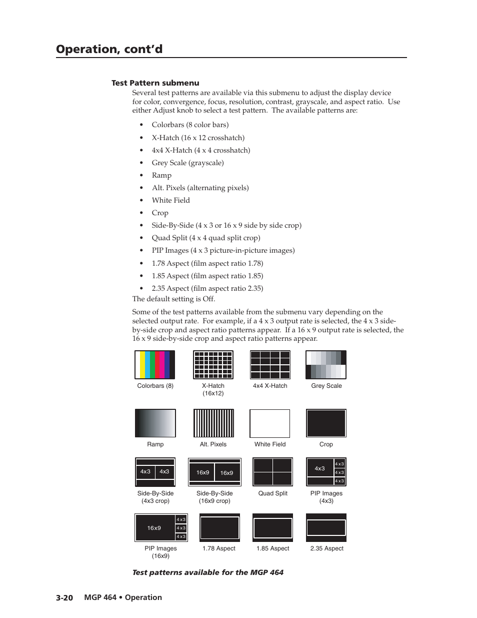 Test pattern submenu, Test pattern submenu -20, Preliminar y | Operation, cont’d | Extron electronic Multi-Graphic Processor MGP 464 DI User Manual | Page 44 / 142