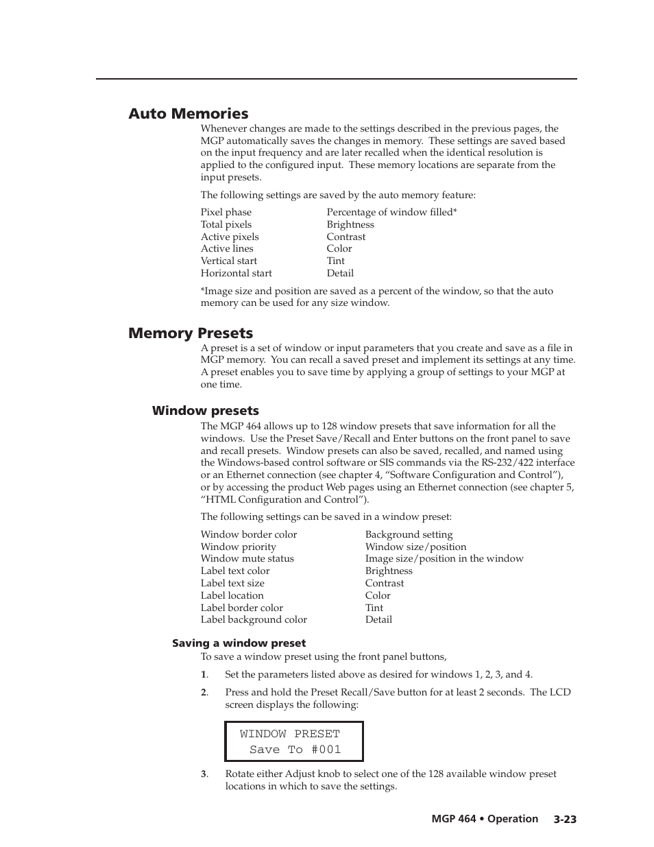 Auto memories, Memory presets, Window presets | Saving a window preset, Window presets, Saving a window preset -23, Preliminar y | Extron electronic Multi-Graphic Processor MGP 464 DI User Manual | Page 47 / 142