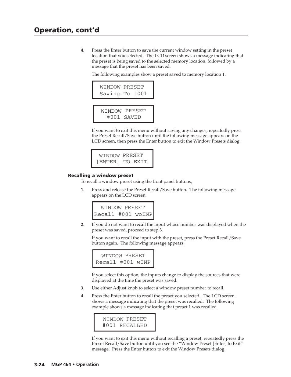 Recalling a window preset, Recalling a window preset -24, Preliminar y | Operation, cont’d | Extron electronic Multi-Graphic Processor MGP 464 DI User Manual | Page 48 / 142