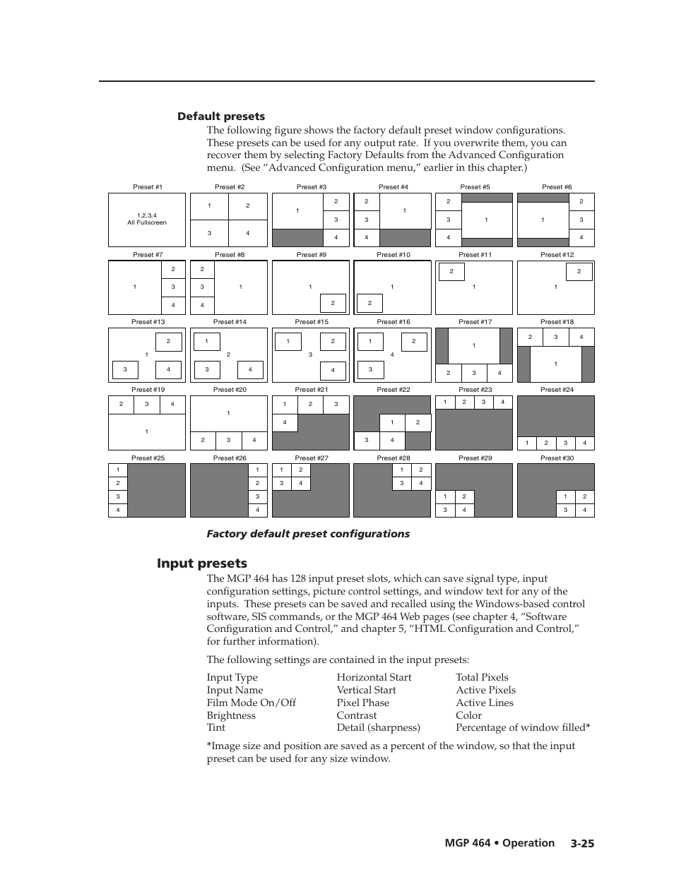 Default presets, Input presets, Default presets -25 | Preliminar y | Extron electronic Multi-Graphic Processor MGP 464 DI User Manual | Page 49 / 142