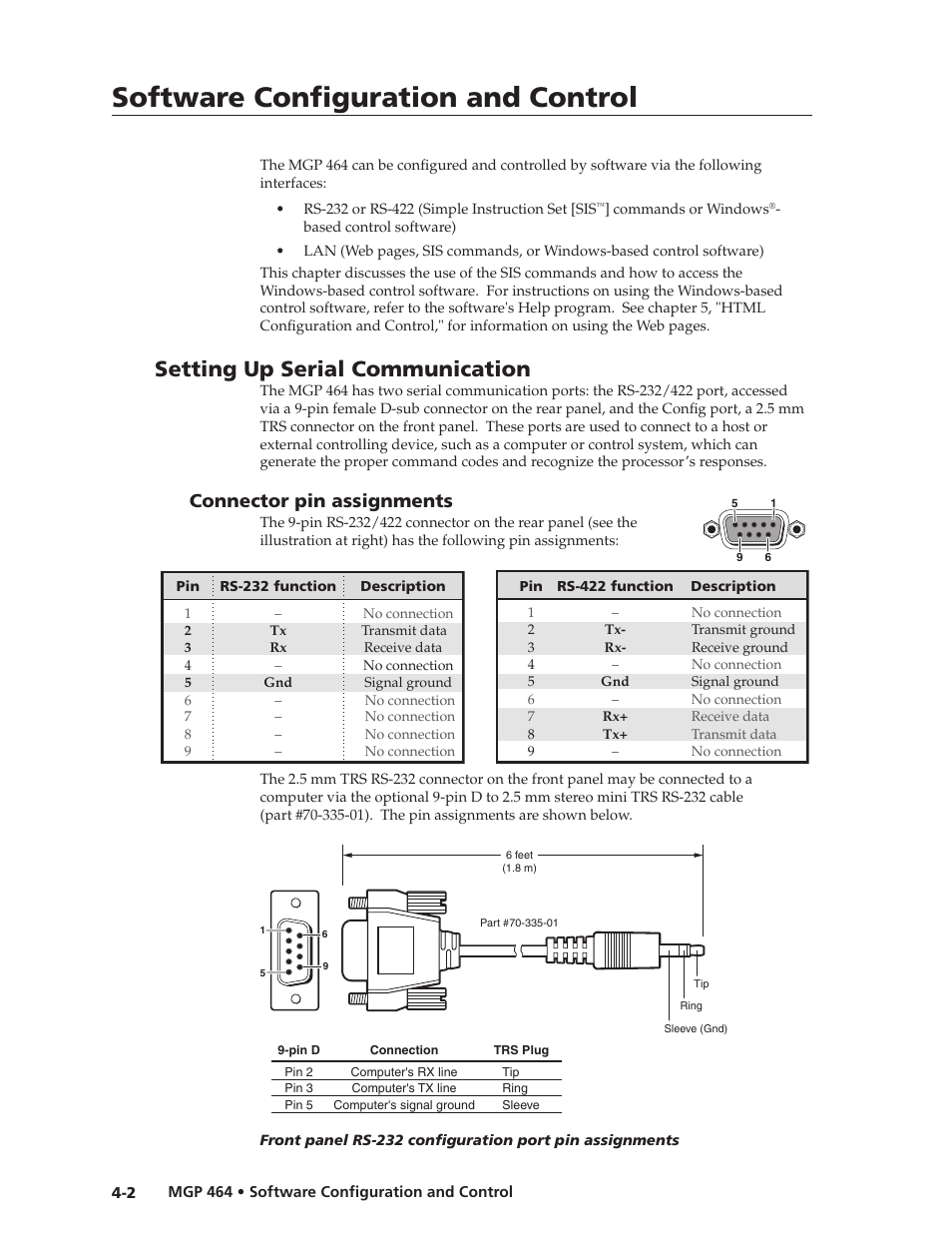 Setting up serial communication, Connector pin assignments, Connector pin assignments | Preliminar y, Software configuration and control | Extron electronic Multi-Graphic Processor MGP 464 DI User Manual | Page 54 / 142