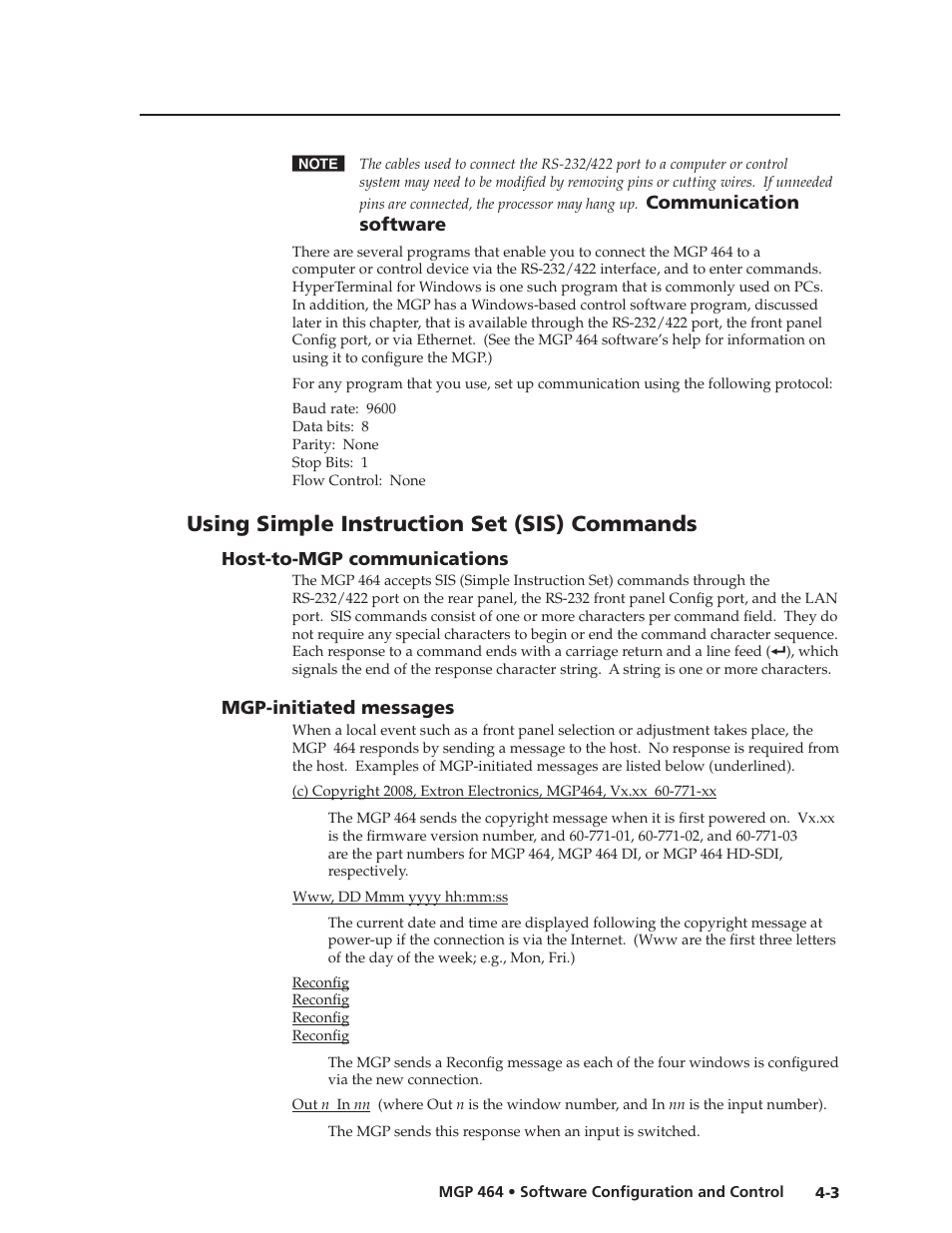 Using simple instruction set (sis) commands, Host-to-mgp communications, Mgp-initiated messages | Mgp-initiated messages, Preliminar y | Extron electronic Multi-Graphic Processor MGP 464 DI User Manual | Page 55 / 142