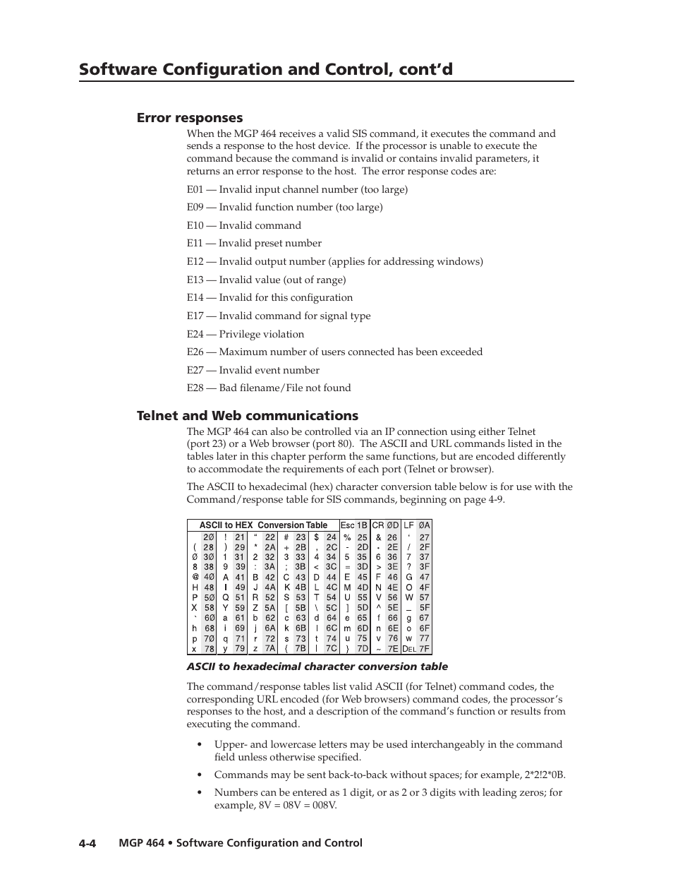 Error responses, Telnet and web communications, Preliminar y | Software configuration and control, cont’d | Extron electronic Multi-Graphic Processor MGP 464 DI User Manual | Page 56 / 142