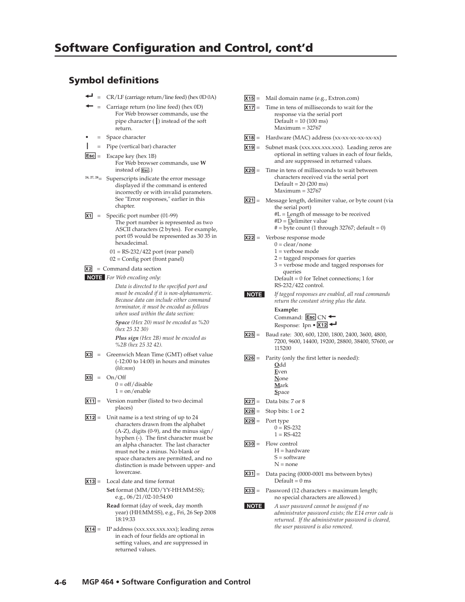 Symbol definitions, Preliminar y, Software configuration and control, cont’d | Extron electronic Multi-Graphic Processor MGP 464 DI User Manual | Page 58 / 142