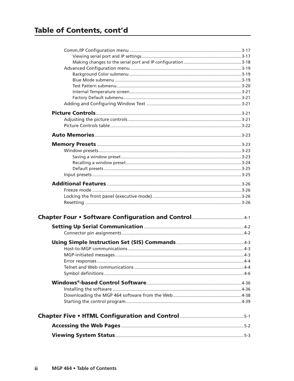 Preliminar y, Table of contents, cont’d | Extron electronic Multi-Graphic Processor MGP 464 DI User Manual | Page 6 / 142