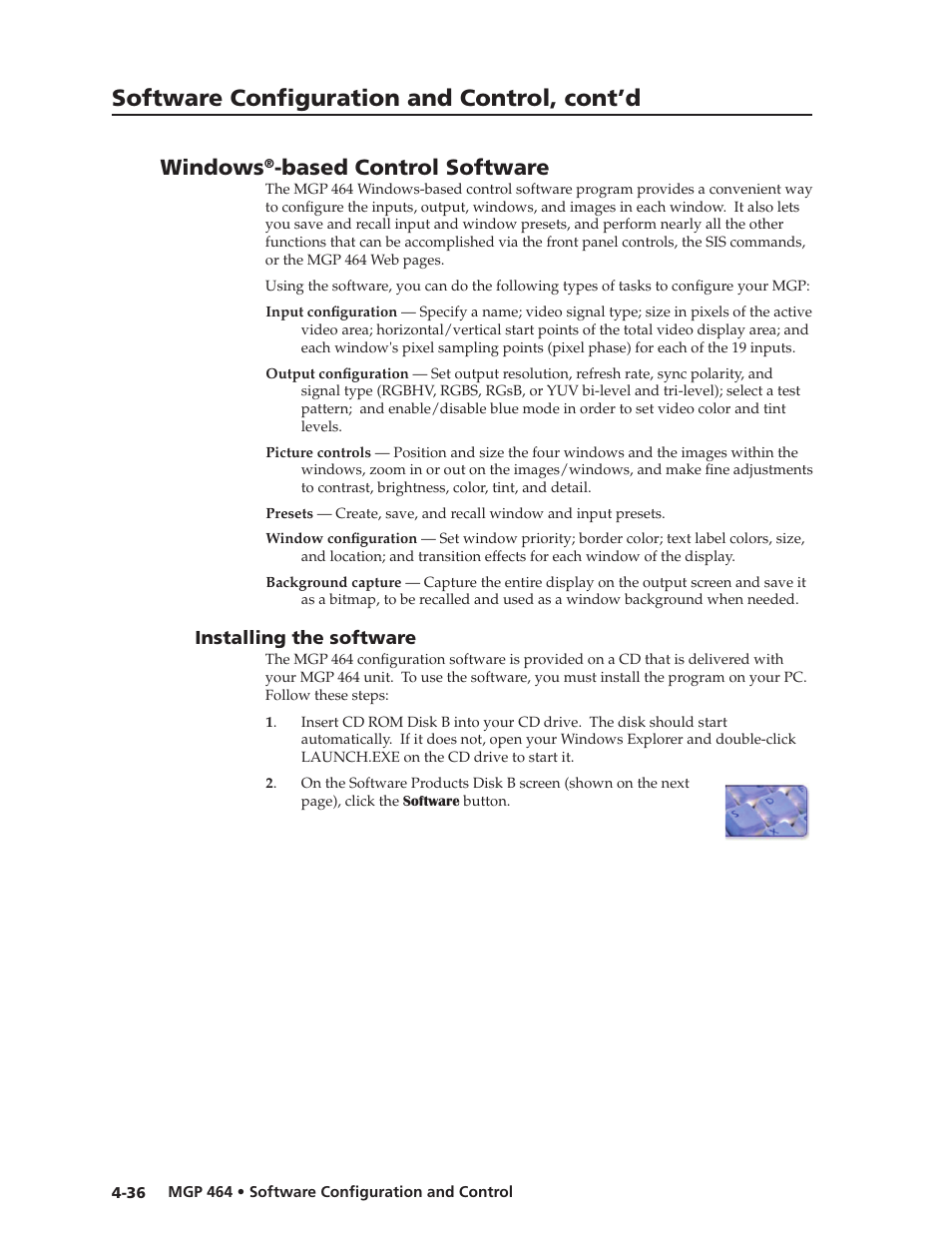 Windows®-based control software, Installing the software, Windows | Based control software, Installing the software, Preliminar y, Software configuration and control, cont’d | Extron electronic Multi-Graphic Processor MGP 464 DI User Manual | Page 88 / 142