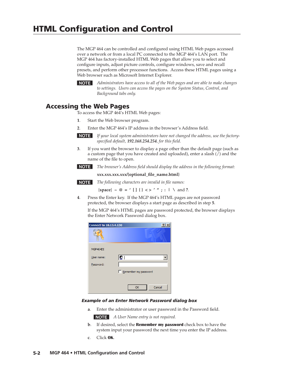 Preliminar y, Html configuration and control, Accessing the web pages | Extron electronic Multi-Graphic Processor MGP 464 DI User Manual | Page 94 / 142