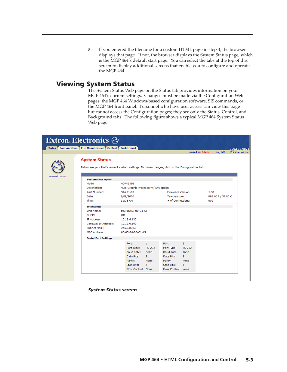 Viewing system status, Preliminar y | Extron electronic Multi-Graphic Processor MGP 464 DI User Manual | Page 95 / 142