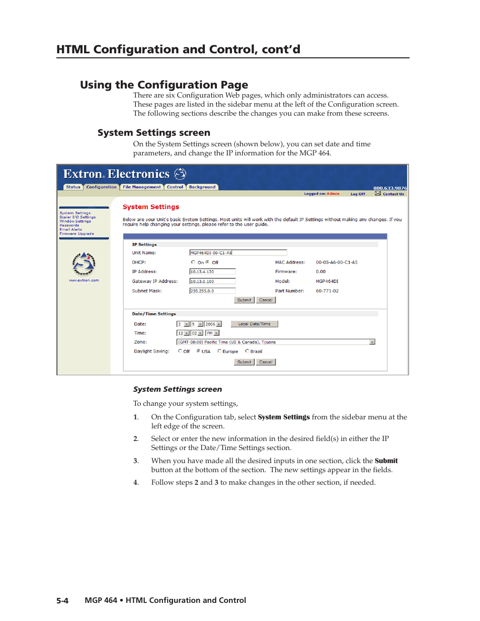 System settings screen, System settings screen, Preliminar y | Html configuration and control, cont’d | Extron electronic Multi-Graphic Processor MGP 464 DI User Manual | Page 96 / 142