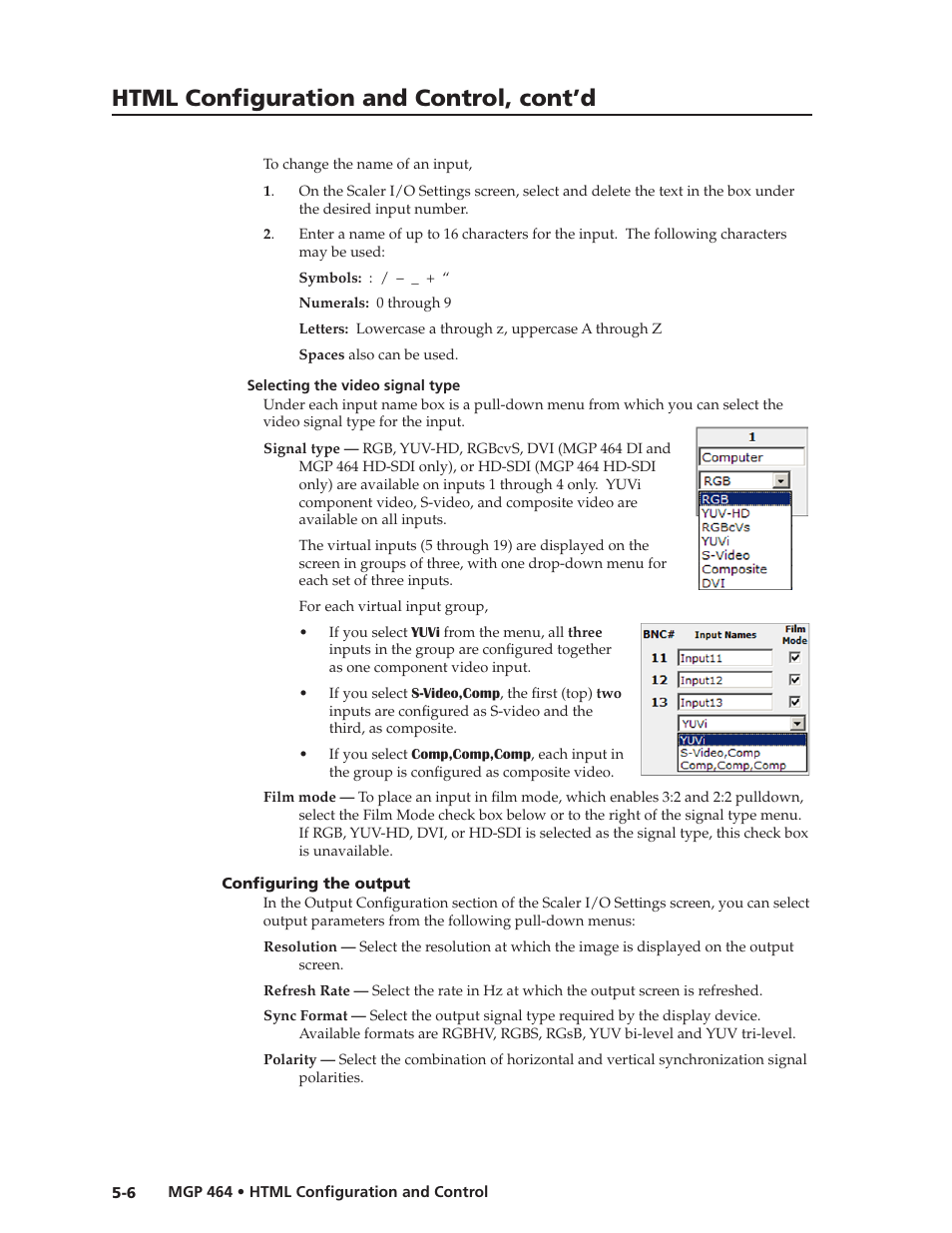 Selecting the video signal type, Configuring the output, Selecting the video signal type -6 | Configuring the output -6, Preliminar y, Html configuration and control, cont’d | Extron electronic Multi-Graphic Processor MGP 464 DI User Manual | Page 98 / 142
