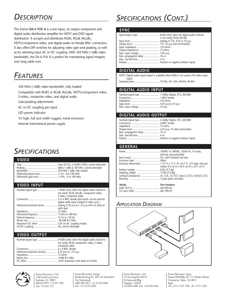 Escription, Eatures, Pecifications | Extron electronic Extron DA6 YUV A User Manual | Page 2 / 2